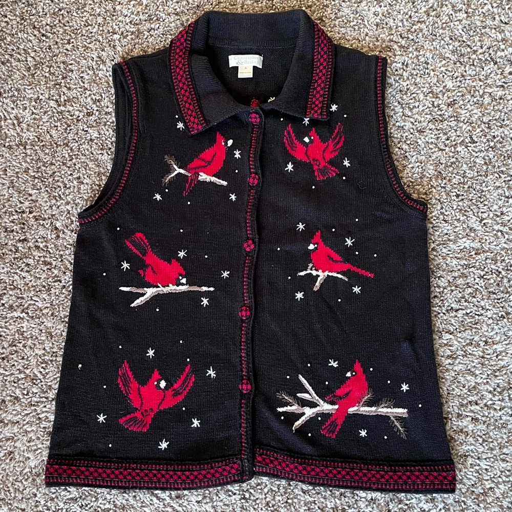 Vintage 90s Christopher & Banks Cardinal Holiday‎ Embroidered Sweater Vest